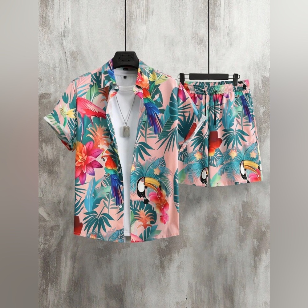 Men's Allover Print Short Sleeve Shirt And Drawstring Shorts Set - M